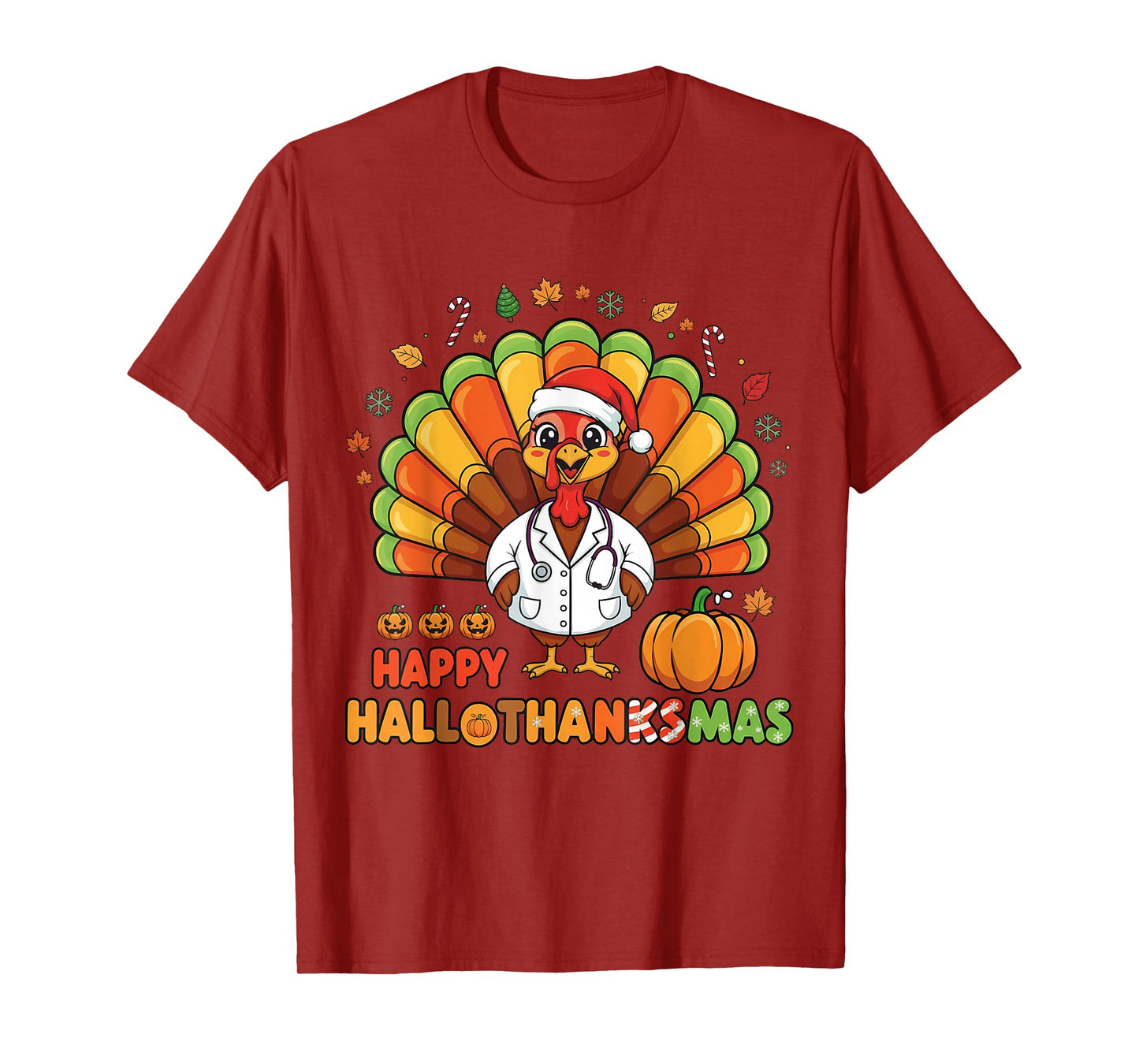 Halloween Thanksgiving Happy HalloThanksMas Santa Lights T-Shirt