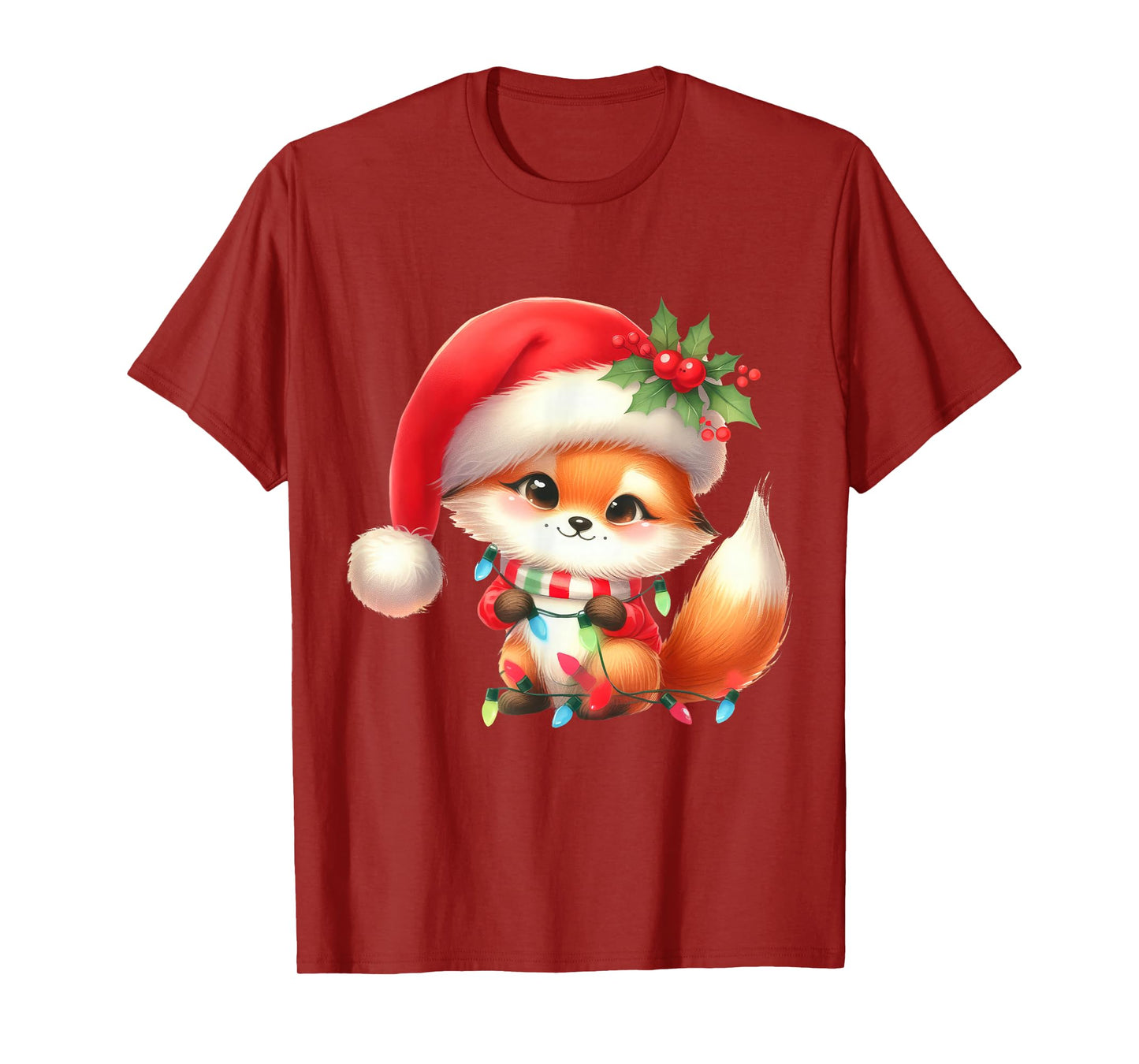 Fox Christmas Lights Funny Santa Hat Merry Xmas T-Shirt