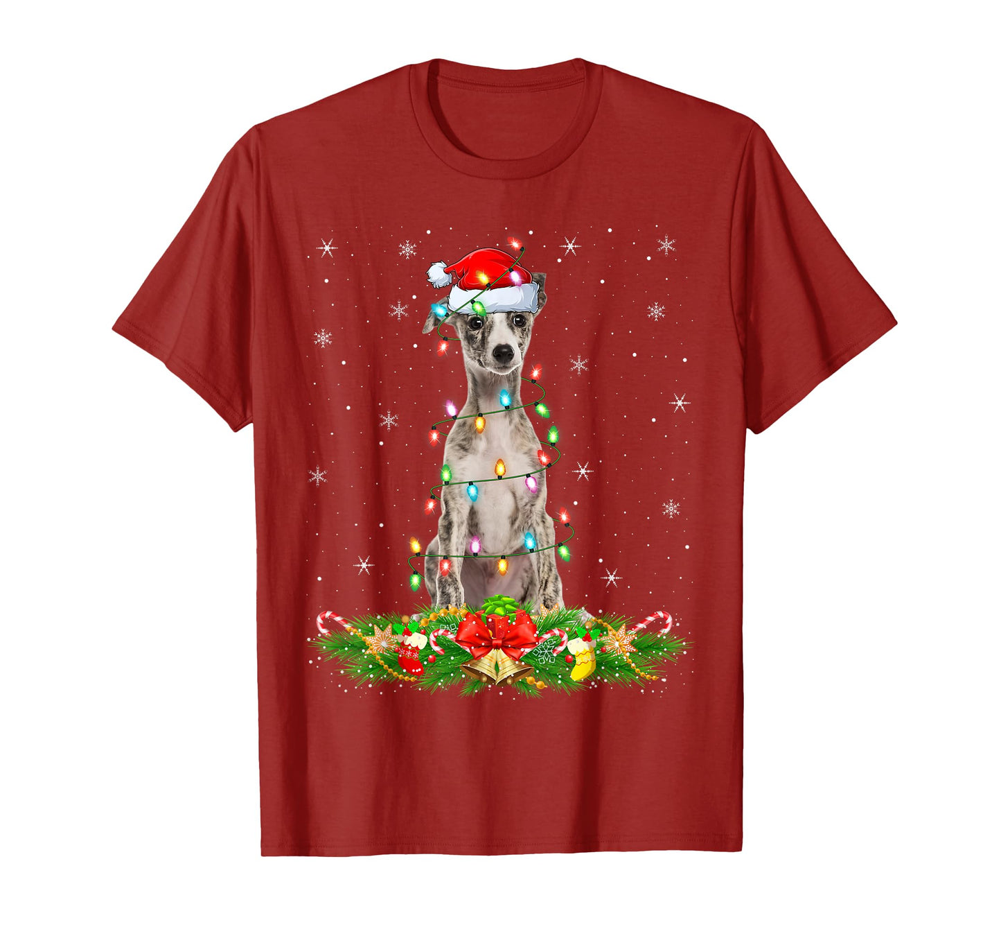 Whippet Dog Christmas Lights Funny Santa Hat Xmas T-Shirt