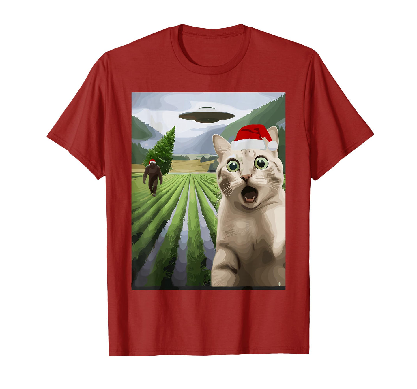 Christmas Cat Bigfoot UFO Alien Funny Holiday T-Shirt