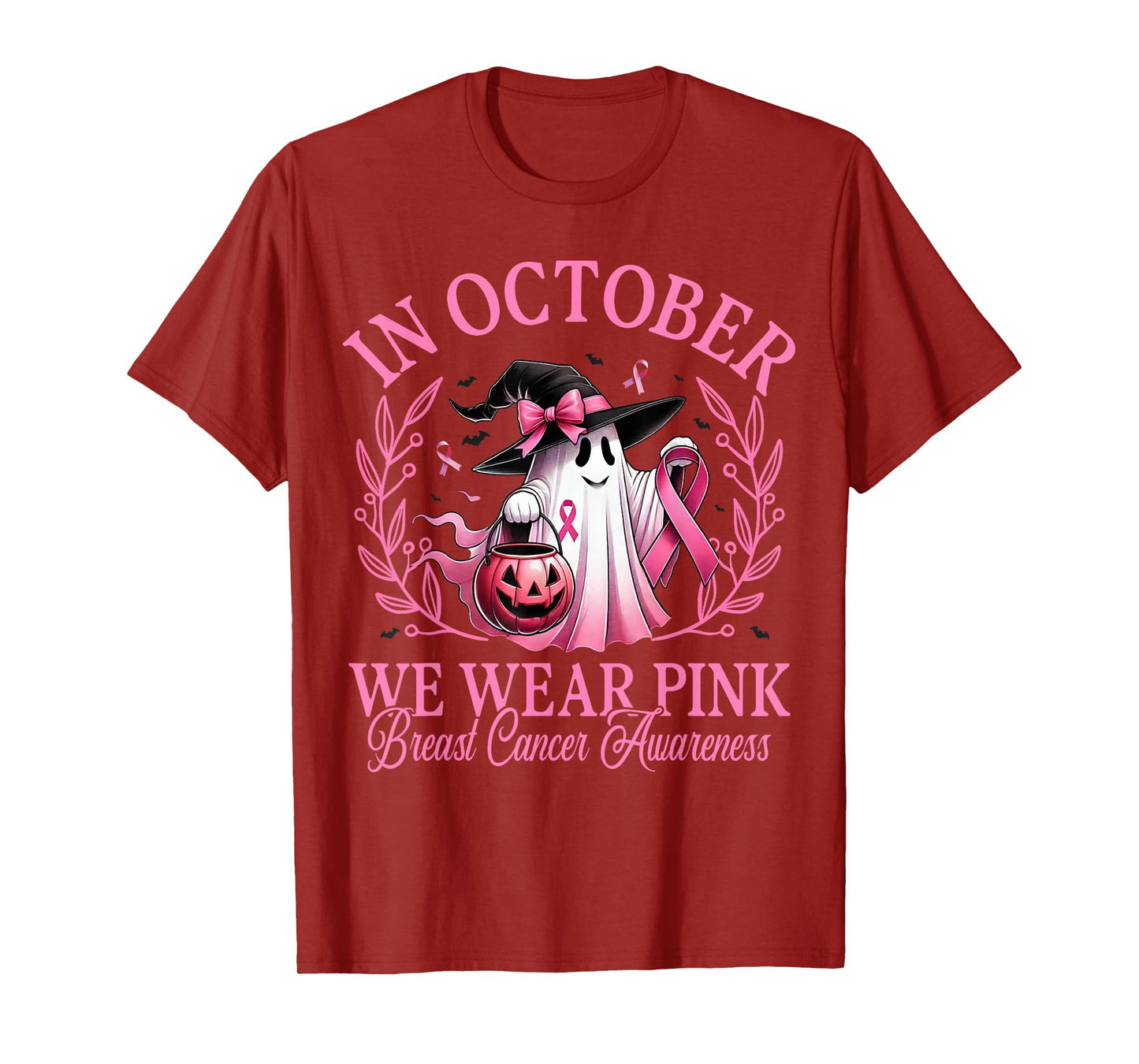in October We Wear Pink Ghost Witch Breast Cancer Awareness T-Shirt