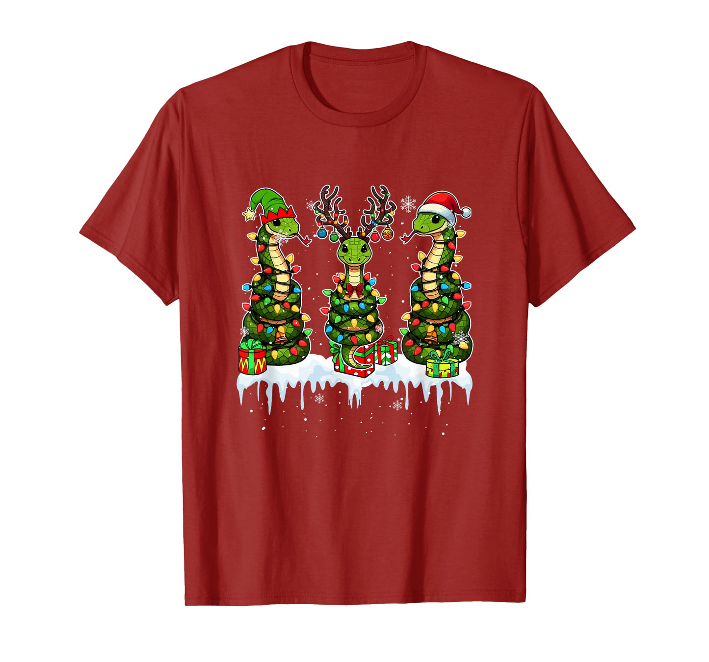 Three Santa Reindeer Elf Snakes Christmas Colorful Lights T-Shirt