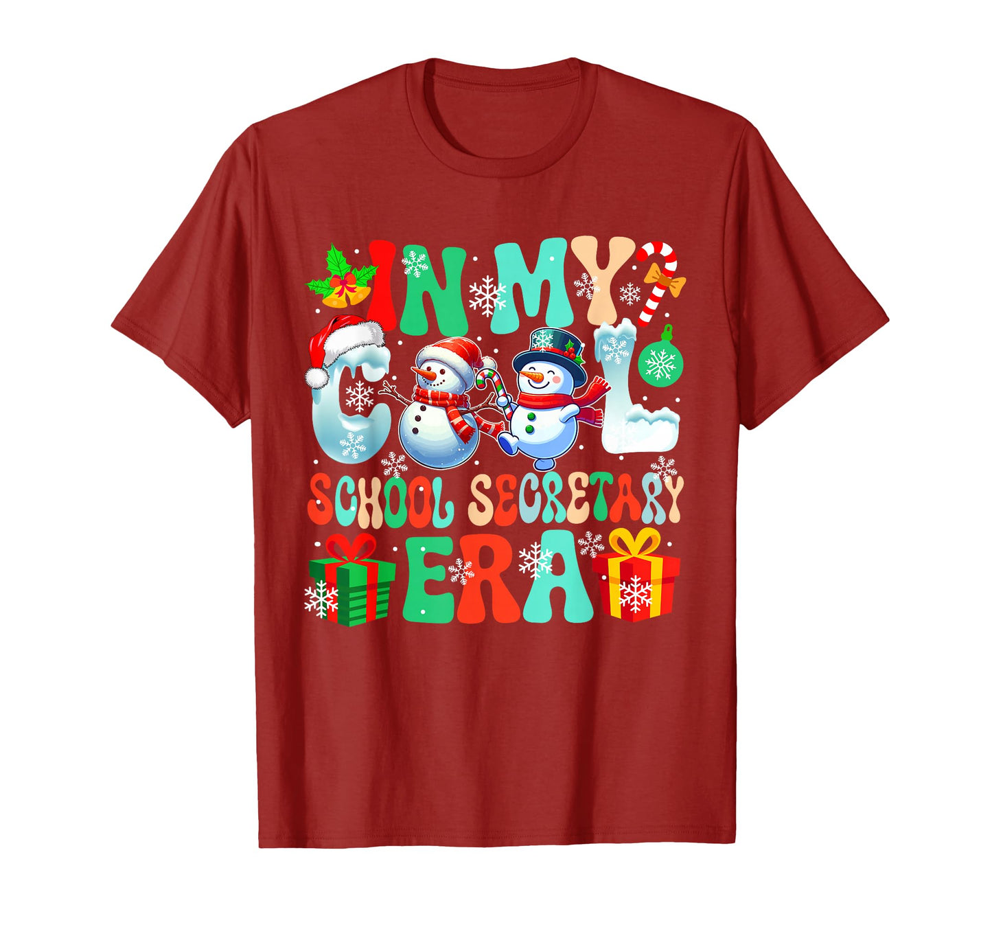 in School Secretary Era Xmas Proud Job Santa Snowmen Lover T-Shirt
