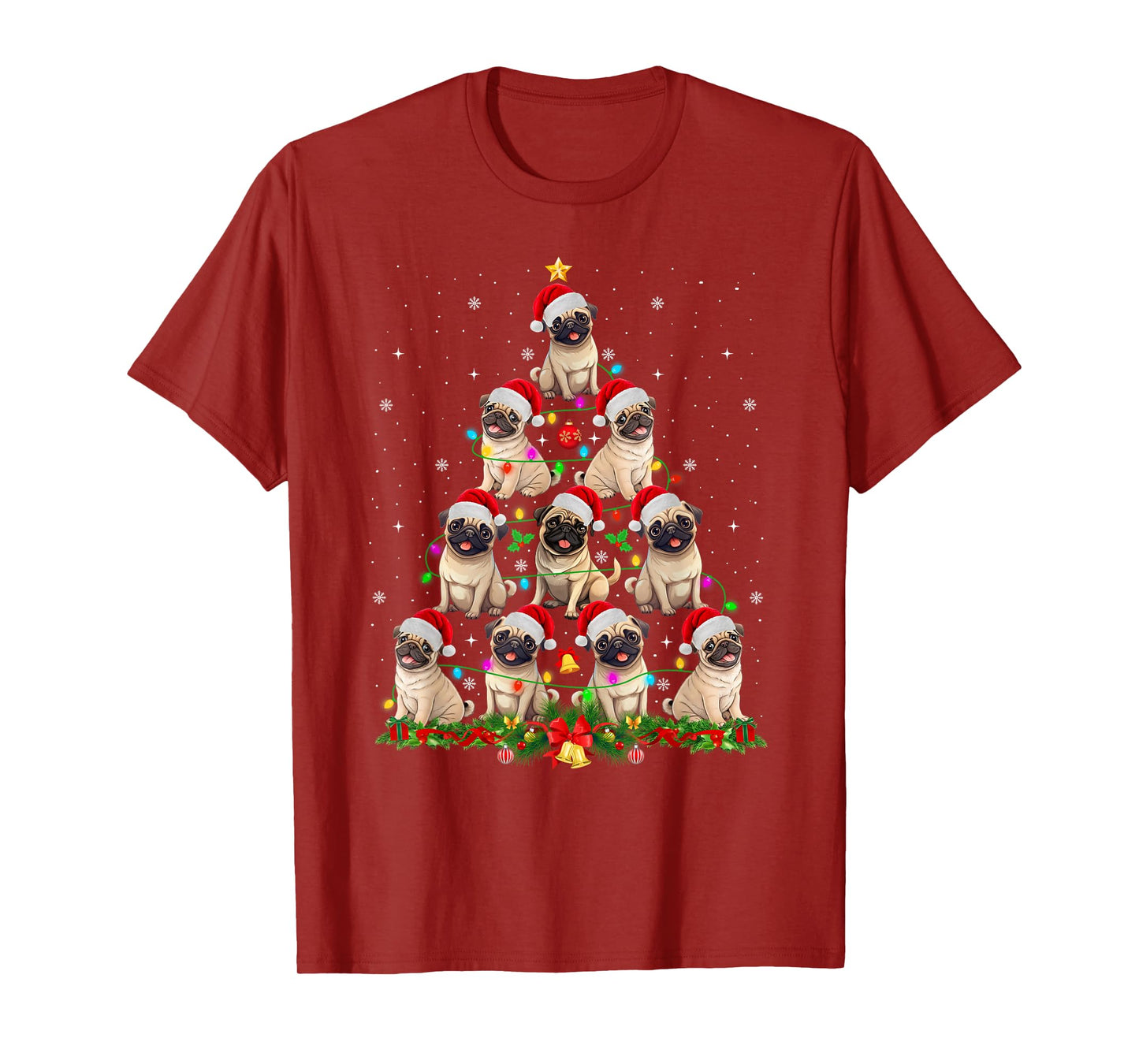 Pug Santa Hat Christmas Tree Lights Xmas Pugmas Dog Lover T-Shirt