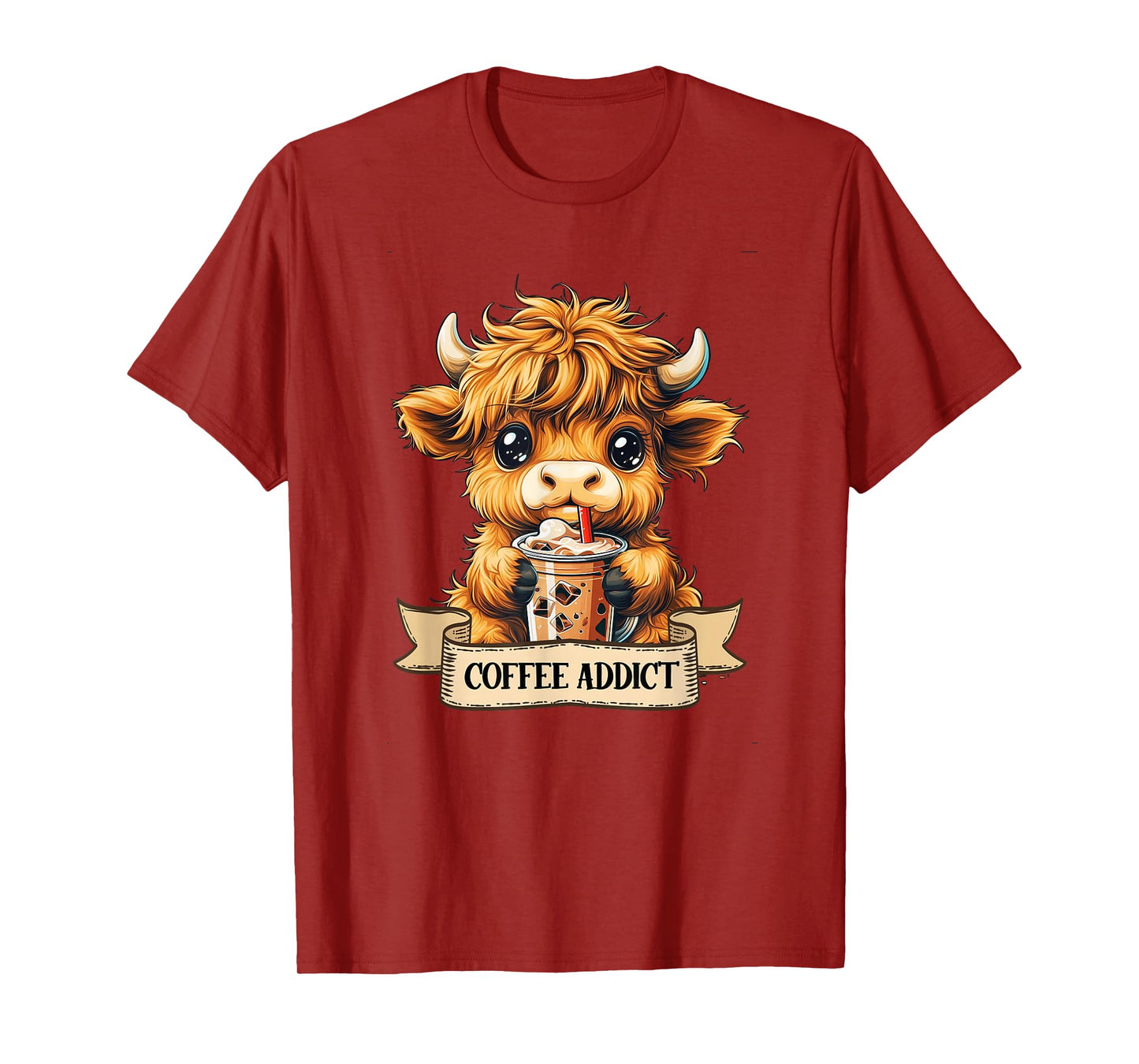 Cute Highland Cow Coffee Addict Funny Drink Coffee Cowgirl T-Shirt