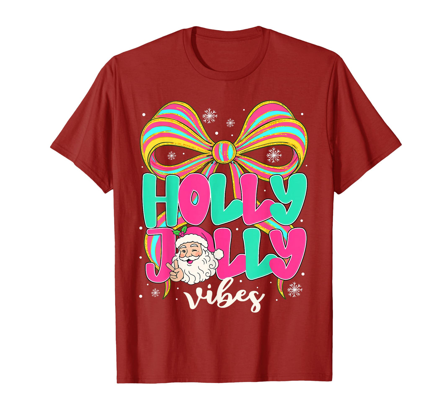 Preppy Holly Xmas Jolly Vibes Bow Christmas Girl Women Pjs T-Shirt