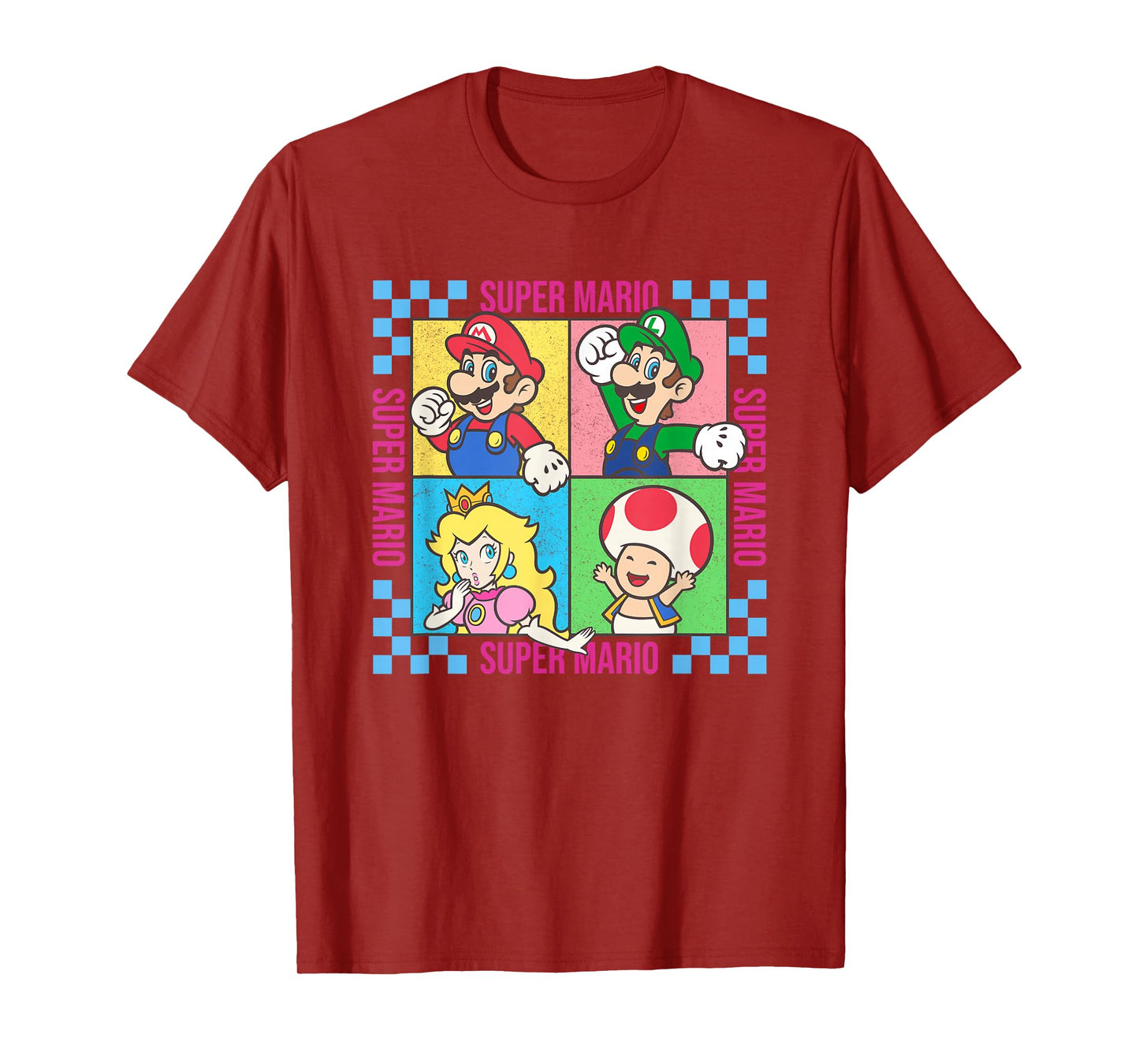 Super Mario Neon Pastel Checkerboard Frame Group Shot T-Shirt