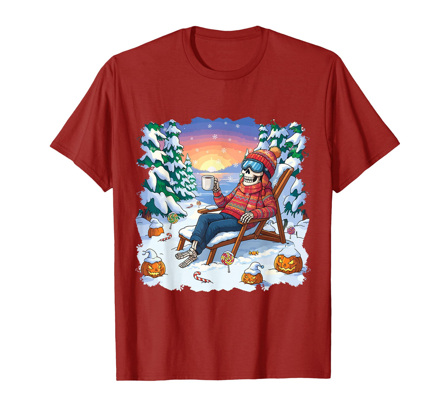 Winterween Winter Halloween Skeleton and Pumpkin Christmas T-Shirt