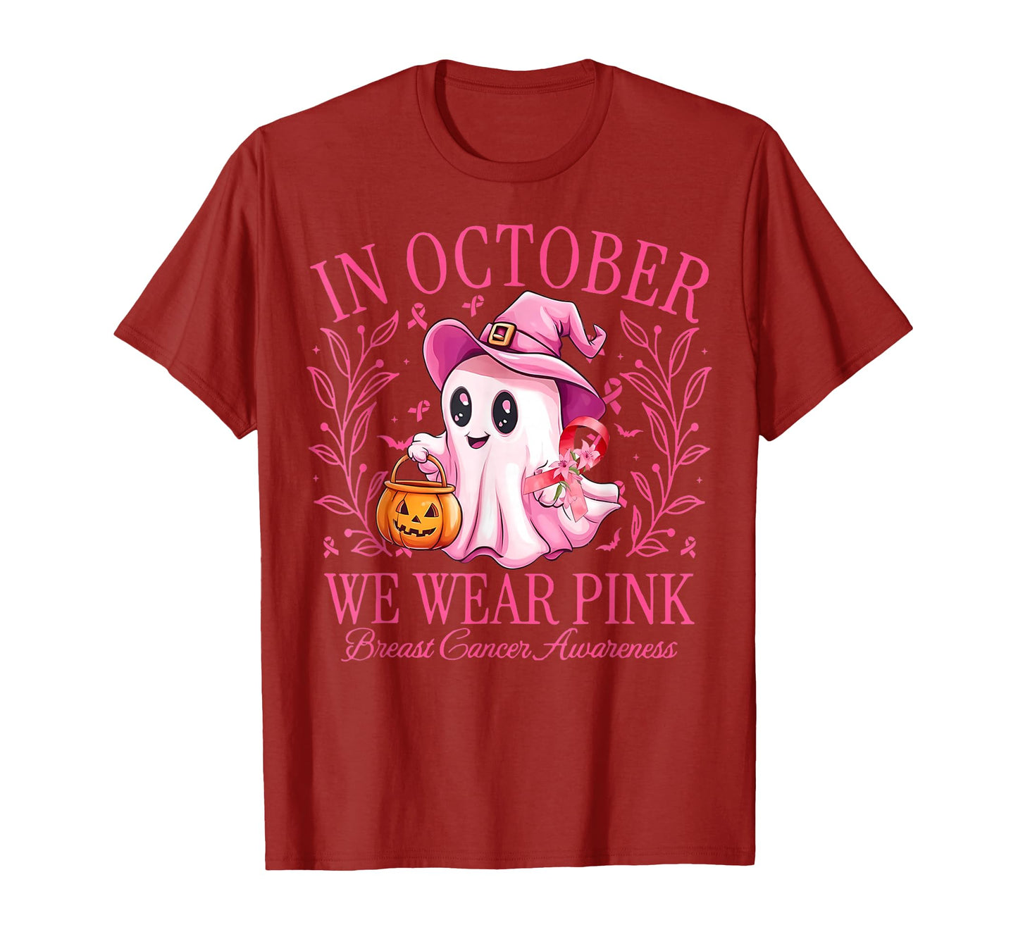 in October We Wear Pink Ghost Witch Breast Cancer Awareness T-Shirt