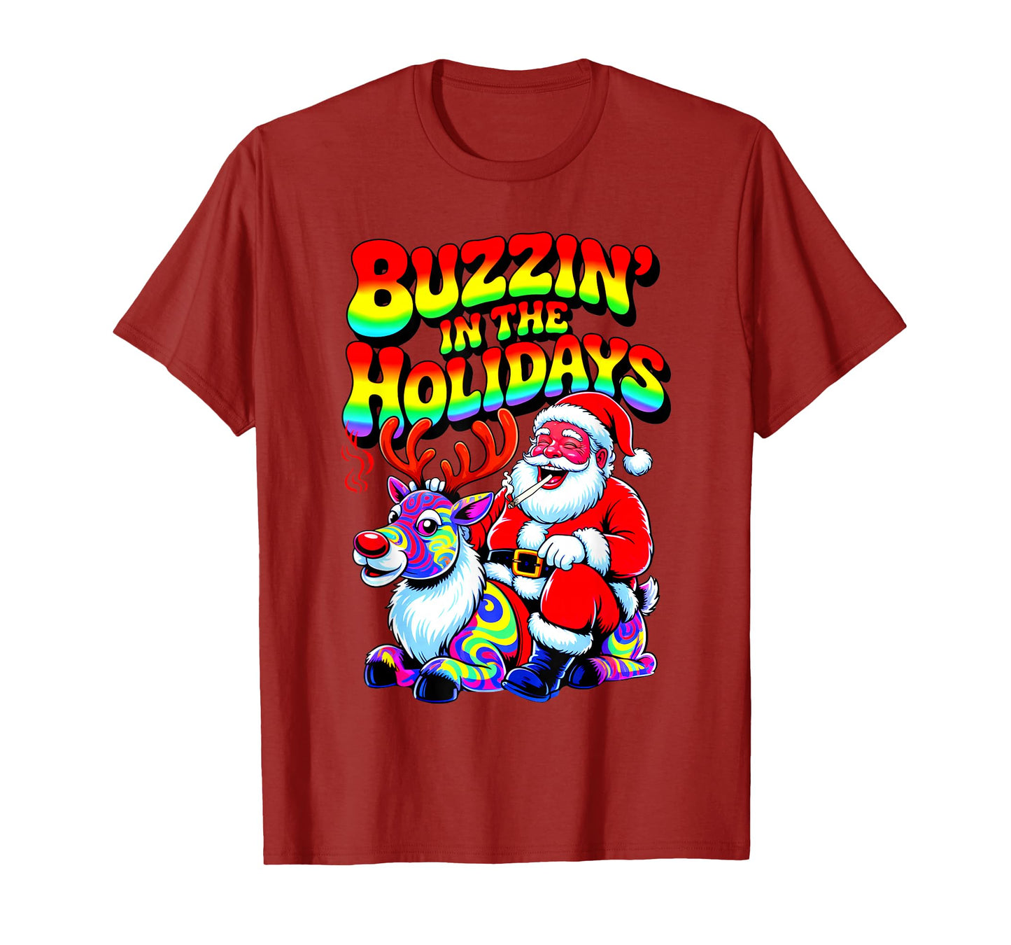 Psychedelic High Santa Buzzing in Holidays Christmas Weed T-Shirt
