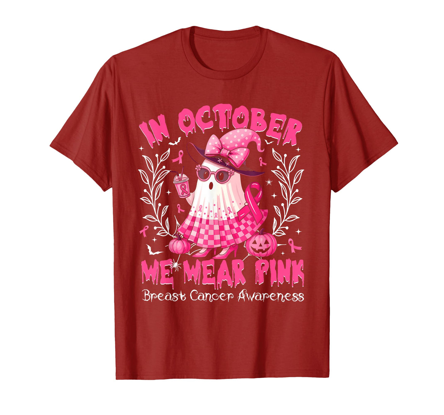 in October We Wear Pink Ghost Witch Breast Cancer Awareness T-Shirt