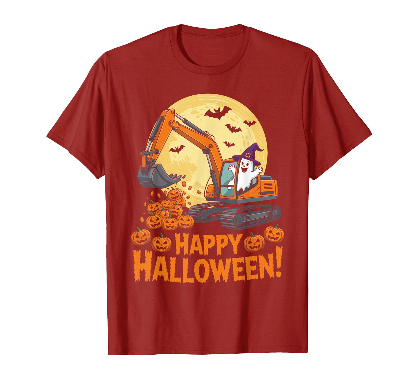 Happy Halloween Ghost Pumpkins and Excavator Construction T-Shirt