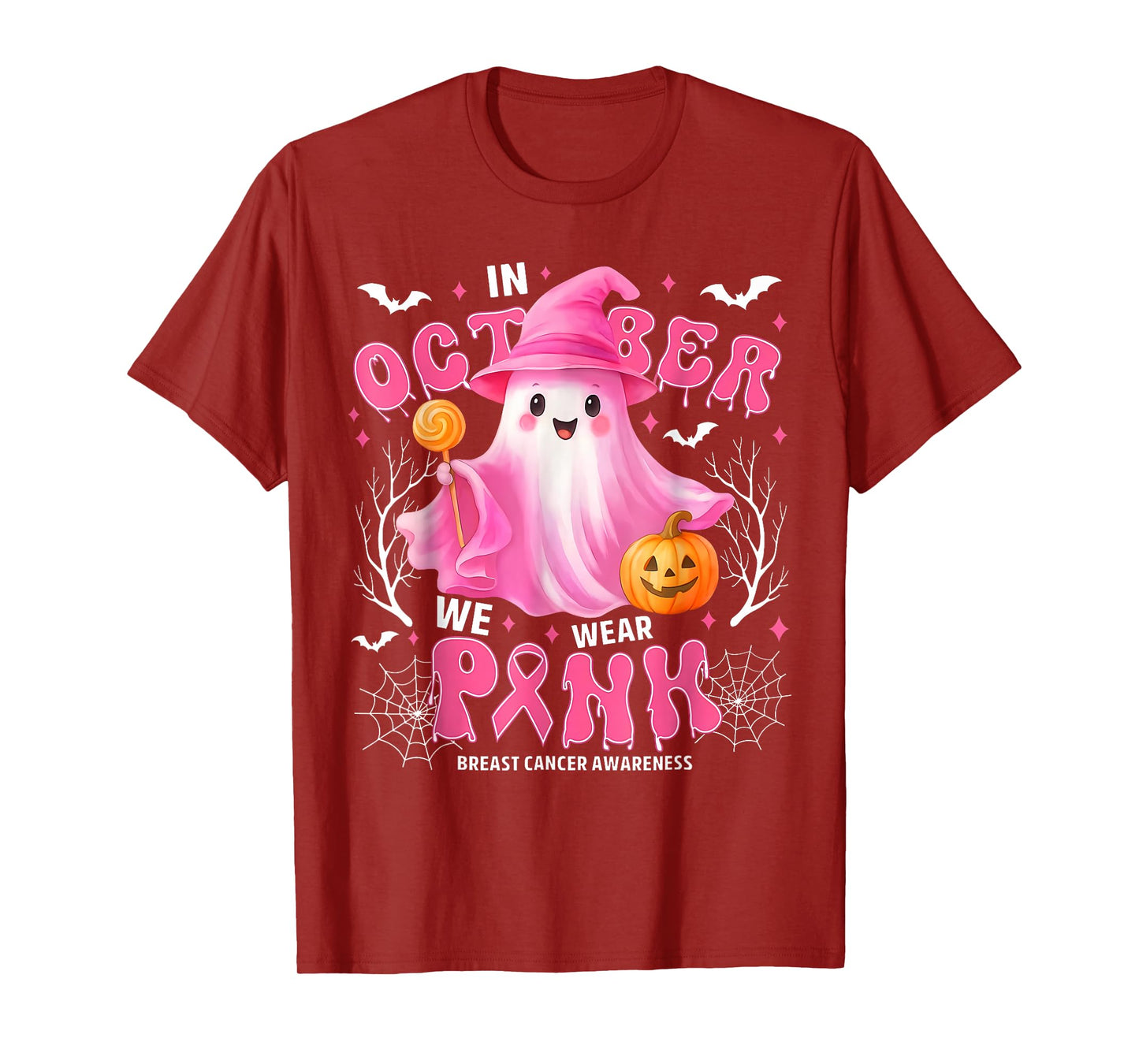 in October We Wear Pink Ghost Breast Cancer Awareness T-Shirt