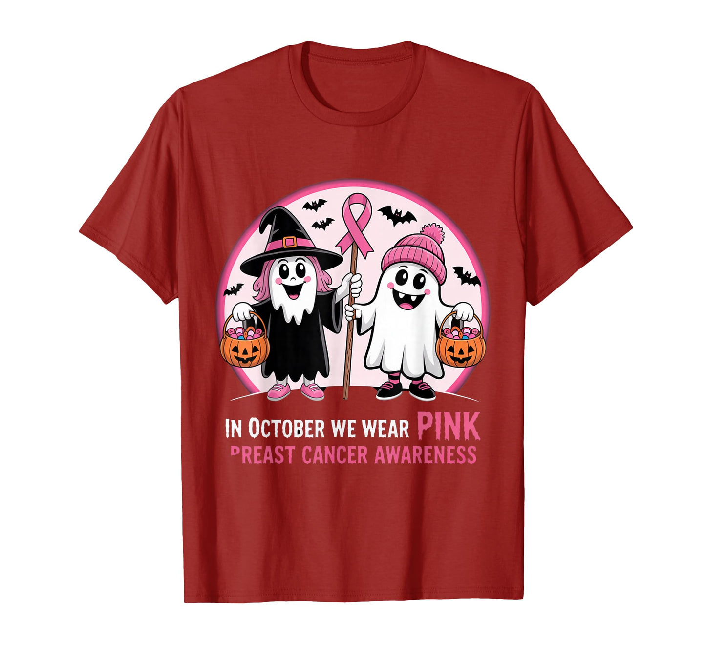 in October We Wear Pink Ghost Witch Breast Cancer Awareness T-Shirt