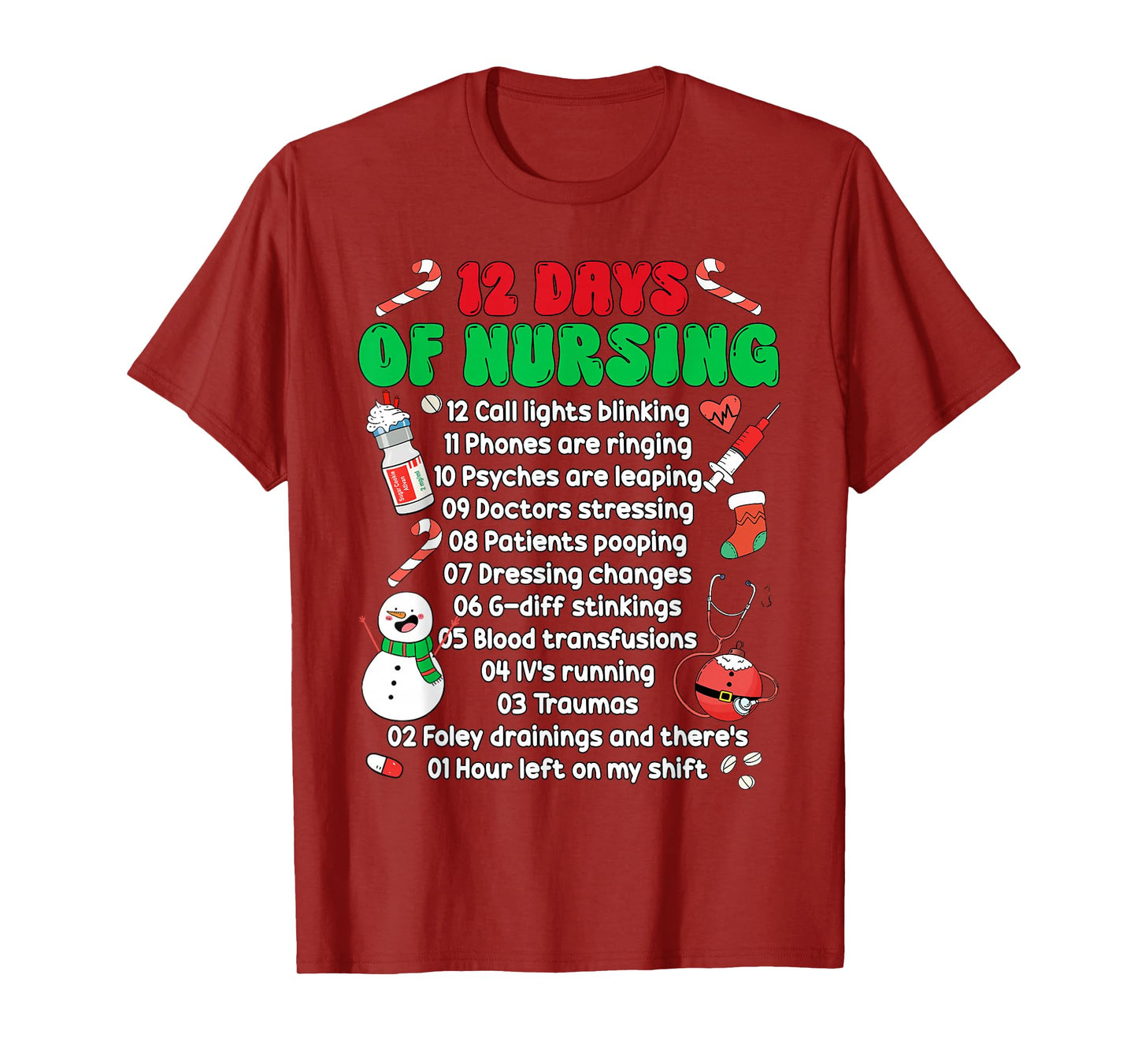 12 Day of Nursing Hospital Christmas Nurse Xmas NICU PICU ED T-Shirt