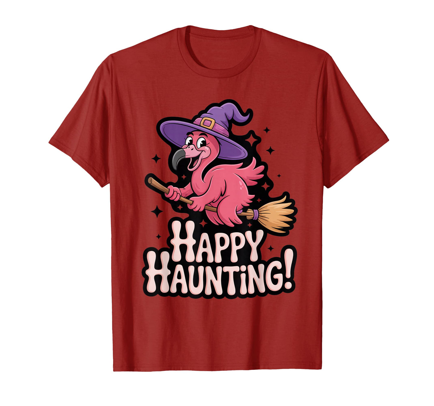 Happy Haunting Flamingo Witch on Broom T-Shirt