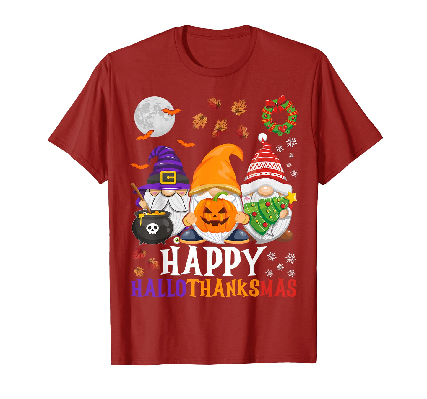 Happy Hallothanksmas Gnomes Halloween Thanksgiving Christmas T-Shirt