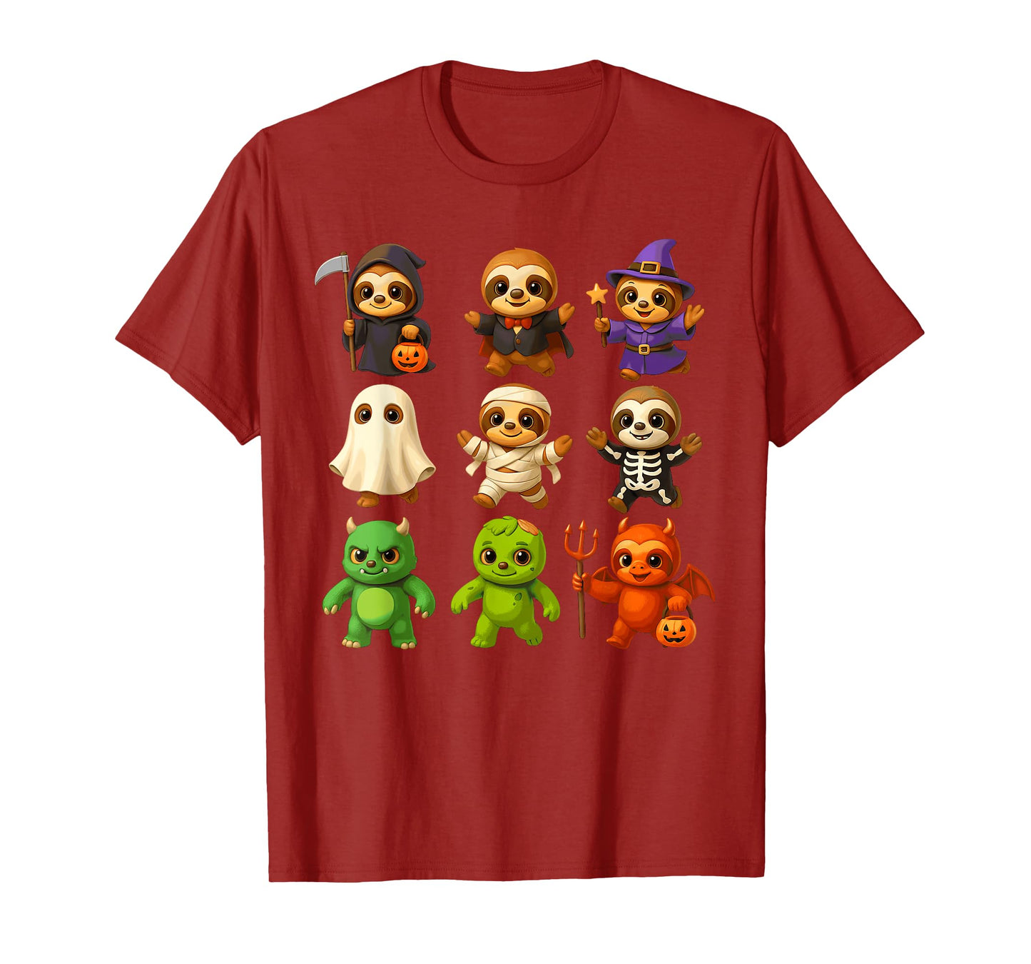 Cute Sloths Witch Pumpkin Skeleton Costume Happy Halloween T-Shirt