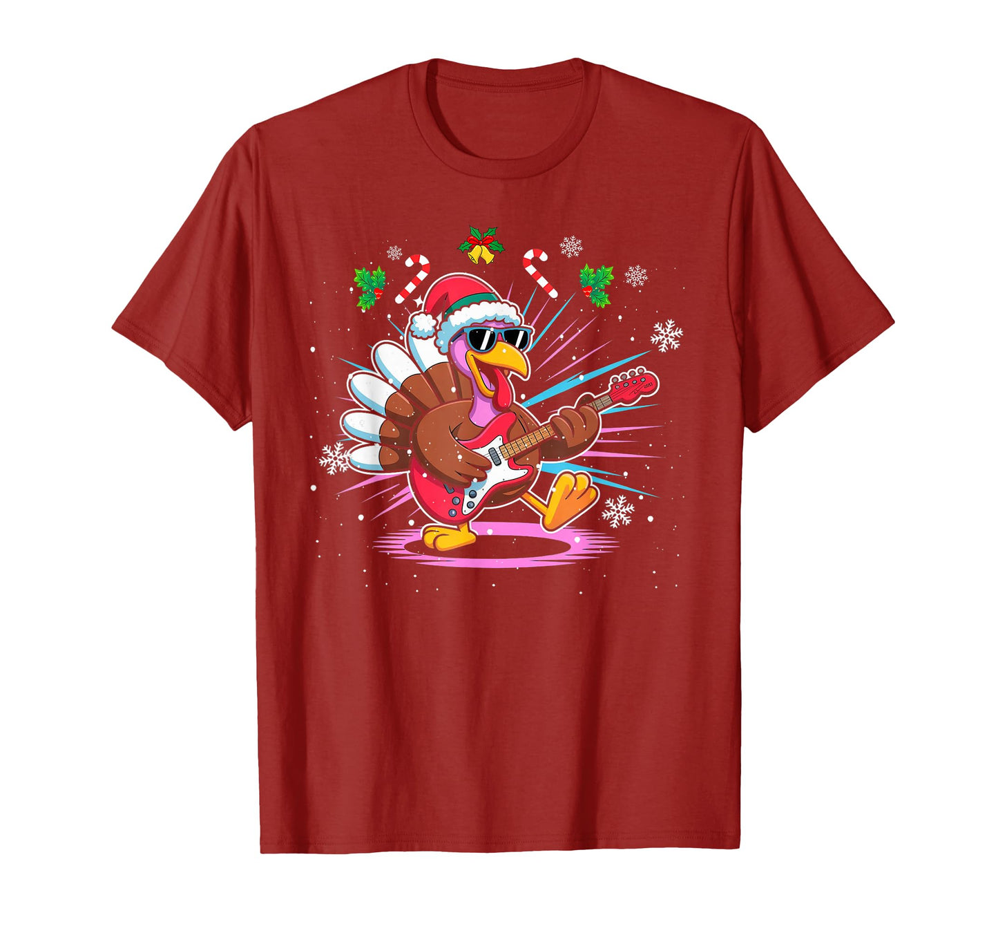 Funny Thanksgiving Santa Hat Turkey Rock Star Playing Guitar T-Shirt