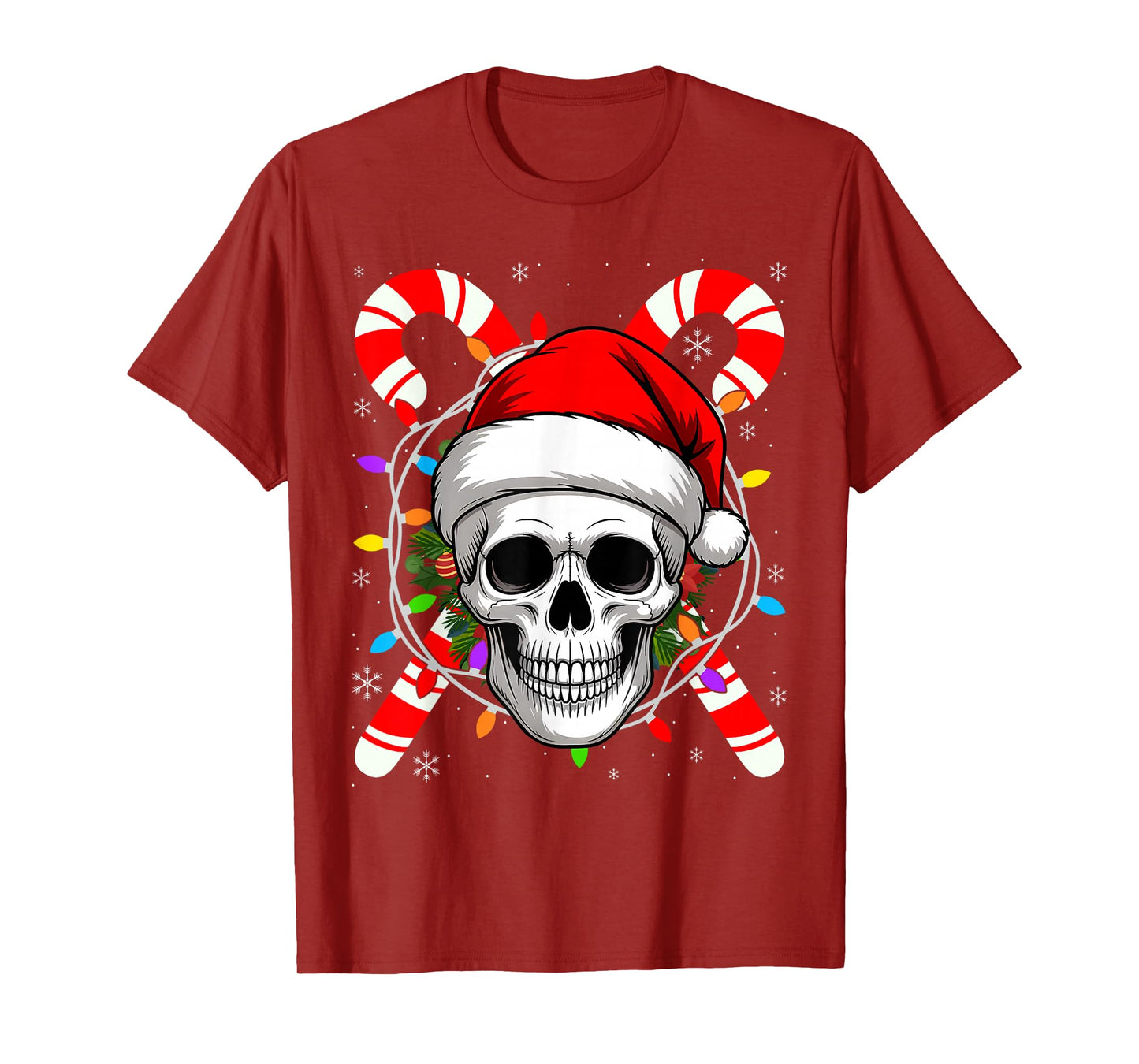 Christmas Skull with Candy Canes and Santa Claus Hat T-Shirt