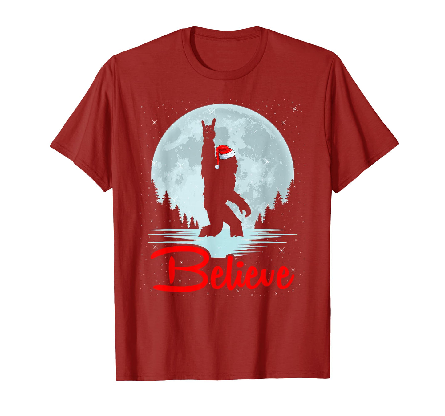 Santa Bigfoot Xmas Funny Sasquatch in Moon Believe Christmas T-Shirt