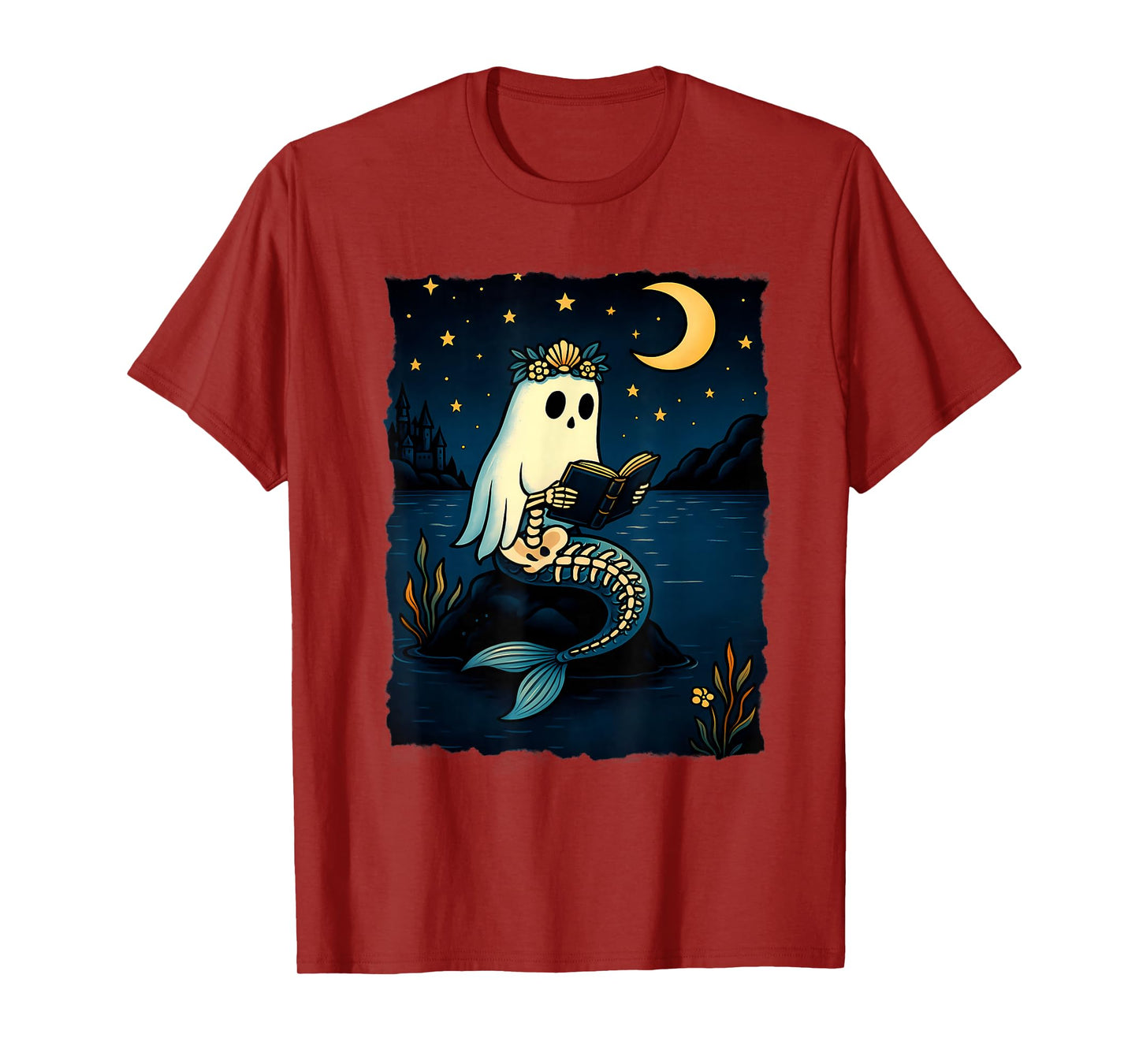 Halloween Vibes Spooky Mermaid Boo Reading Book Lover T-Shirt