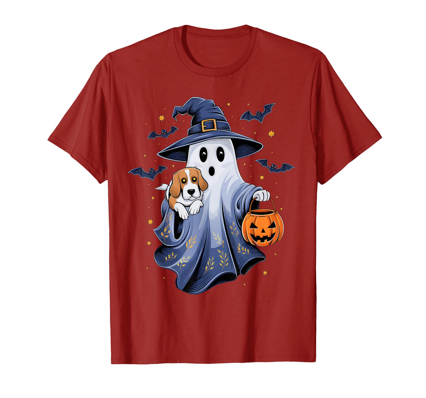 Ghost Witch Holding Beagle Dog Pumpkins Vintage Halloween T-Shirt