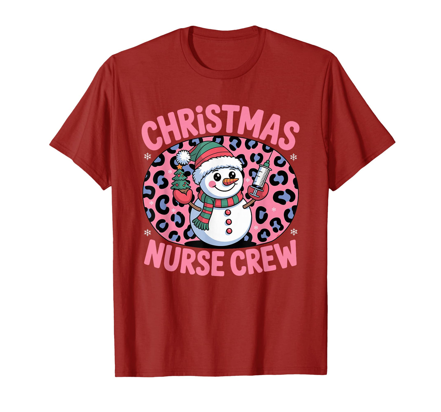Nurse Christmas Crew Snowman Pink Leopard Print T-Shirt