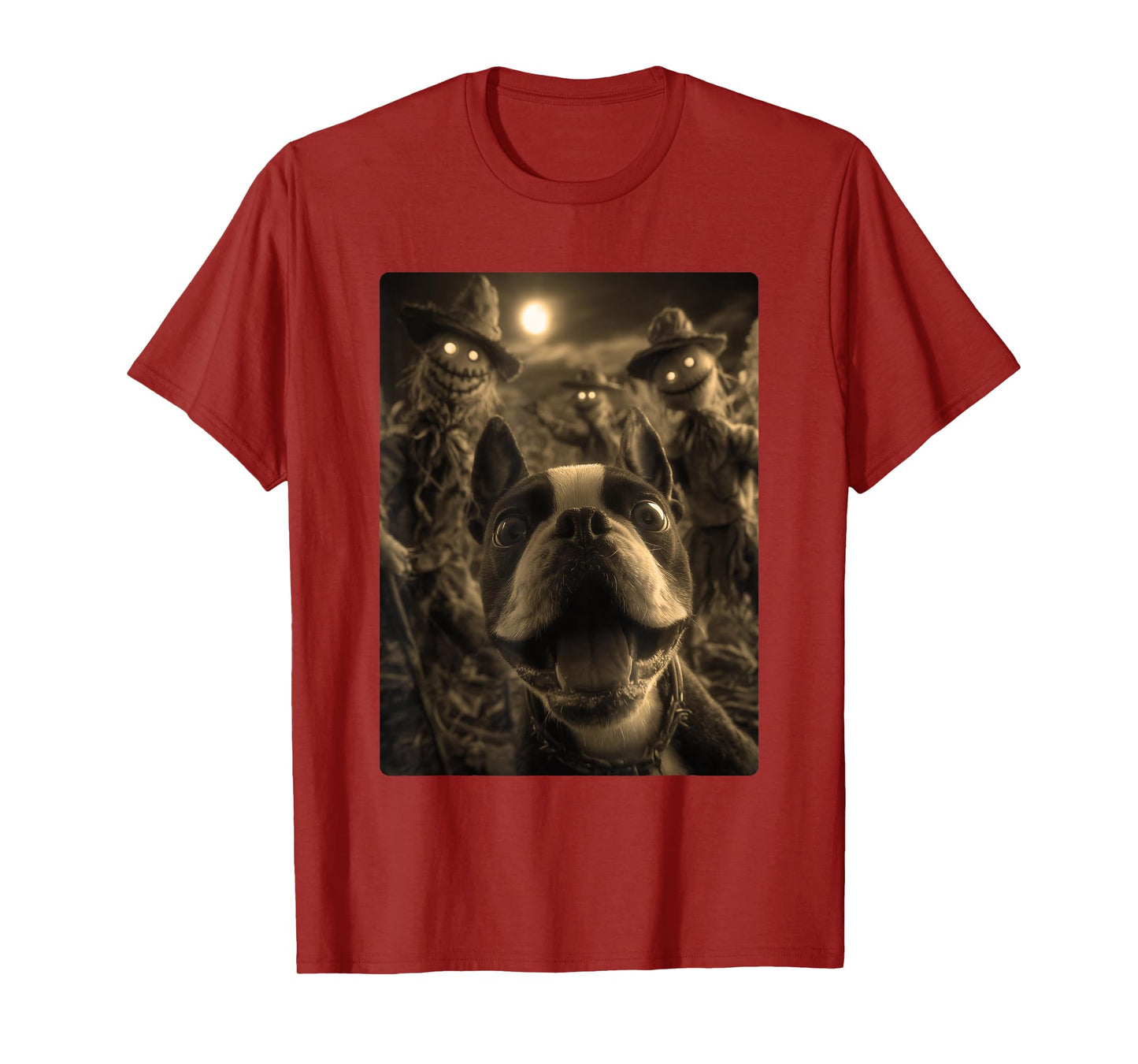 Vintage Boston Terrier Selfie Spooky Scarecrows Halloween T-Shirt