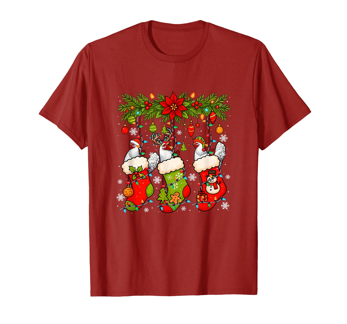 Three Santa Elf Reindeer Chickens in Xmas Colorful Socks T-Shirt