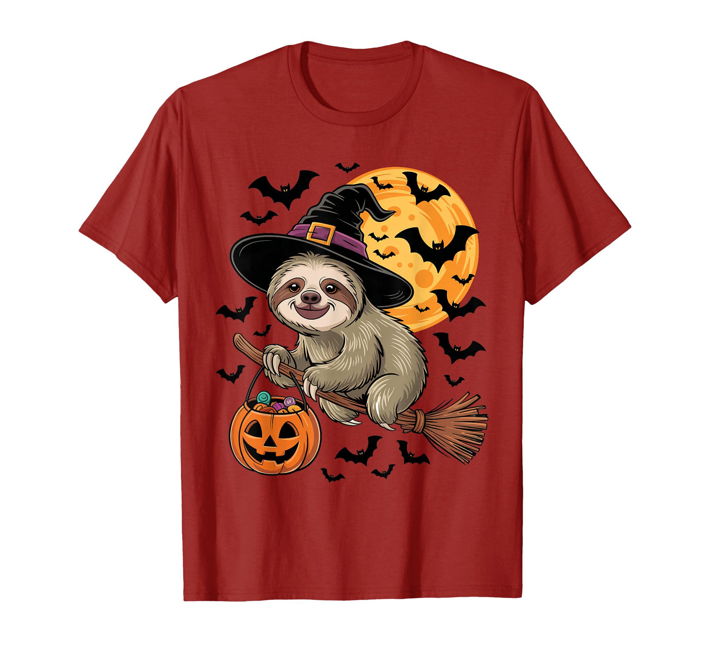 Cute Sloth Witch Hat on Broom Halloween Pumpkin Candy Bucket T-Shirt