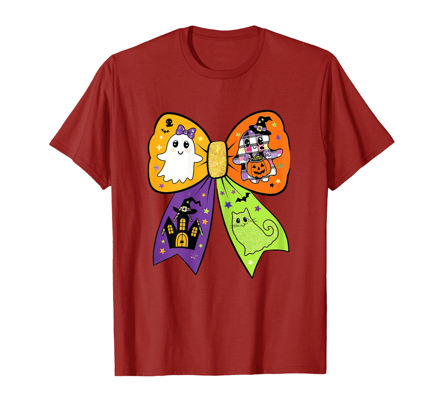 Kawaii Halloween Bow with Cute Ghost Witch Cat & Pumpkin T-Shirt