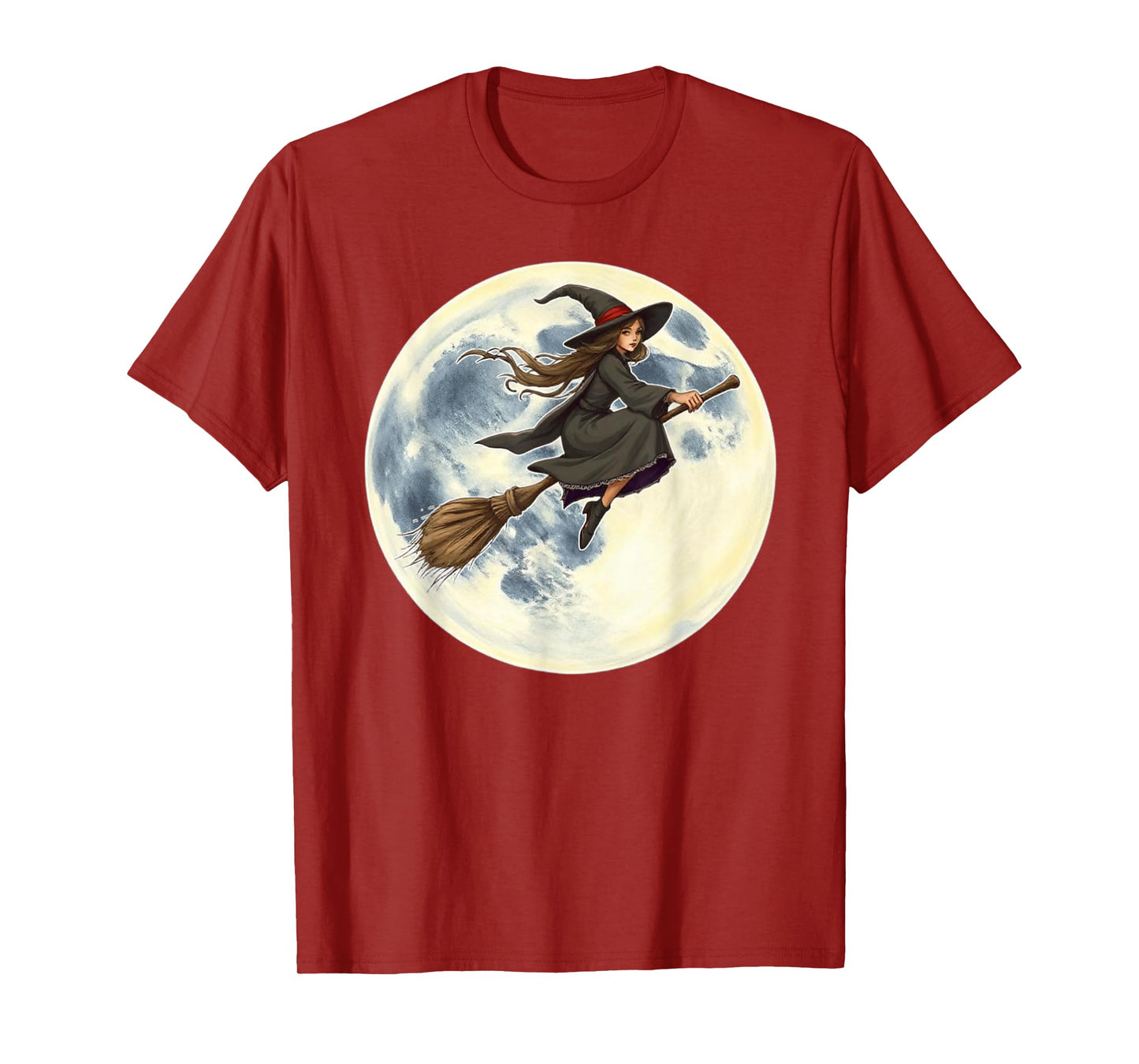 Witch Flying on Broom Halloween Full Moon Women Youth Kids T-Shirt