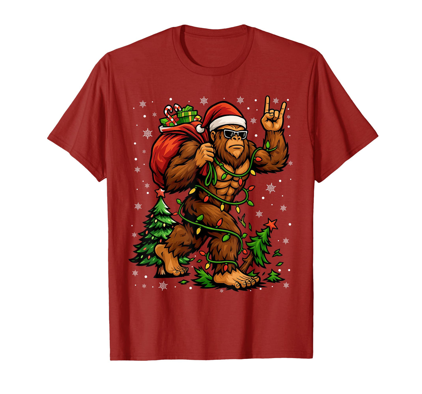 Santa Bigfoot Christmas Tree Xmas Lights Funny Sasquatch Men T-Shirt