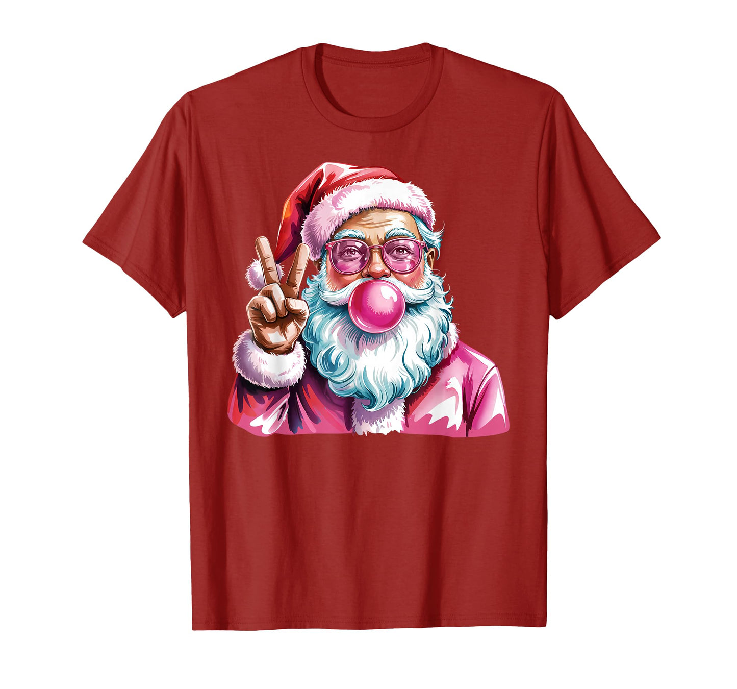 Christmas Peace Sign Hand Santa Claus Pink Bubble Gum Xmas T-Shirt