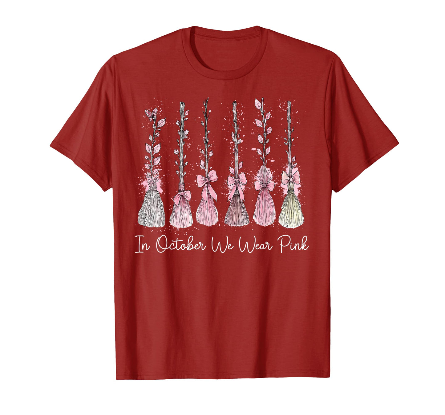 in October We Wear Pink Witch Broom Halloween Breast Cancer T-Shirt