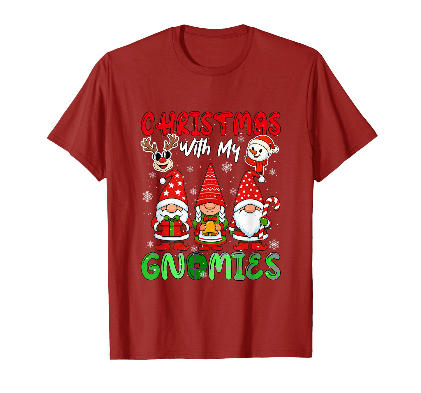 Christmas with My Gnomies Three Gnomes Reindeer Snowman T-Shirt