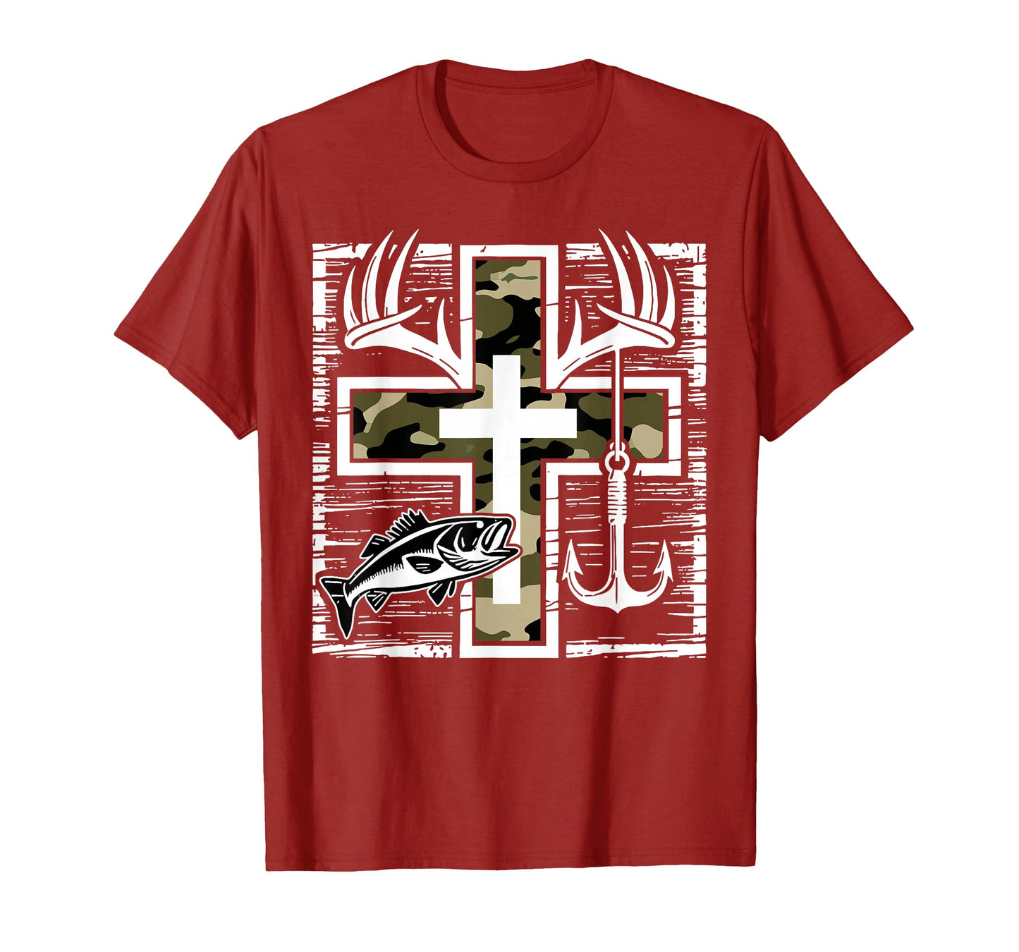 Faith Fishing Hunting Camo Cross with Hook Bass Christian T-Shirt