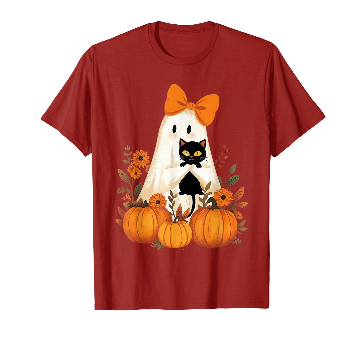 Vintage Halloween Ghost Holding Cat Groovy Floral Cat Meme T-Shirt