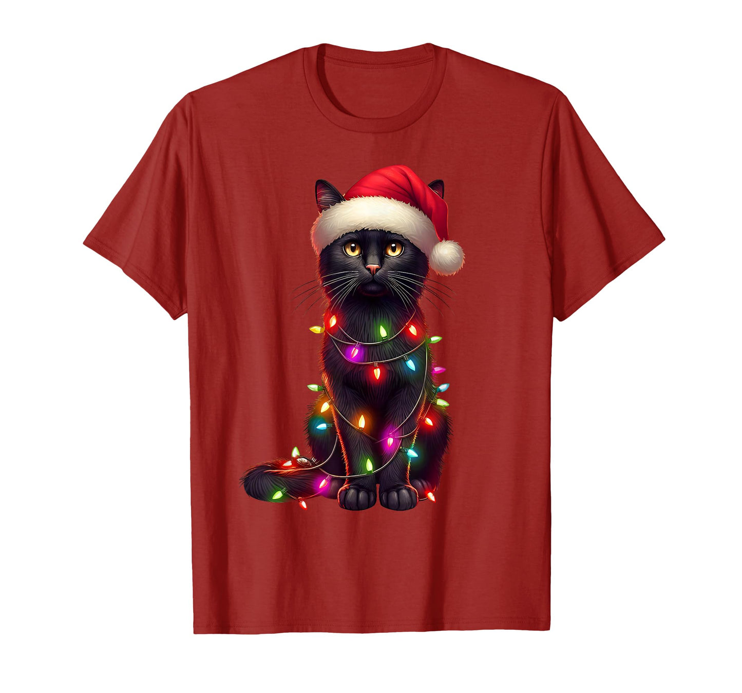 Black Cat Christmas Tree Lights Santa Xmas Pajama Cat Lover T-Shirt
