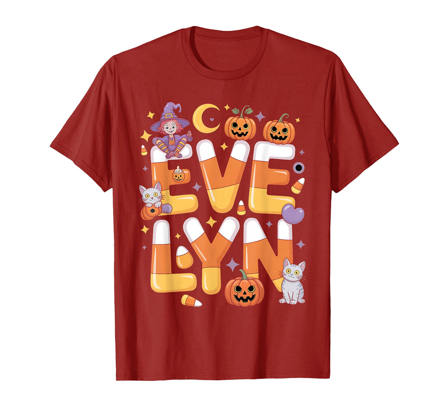 Evelyn Witch Candy Corn Cat Halloween Women and Girls T-Shirt