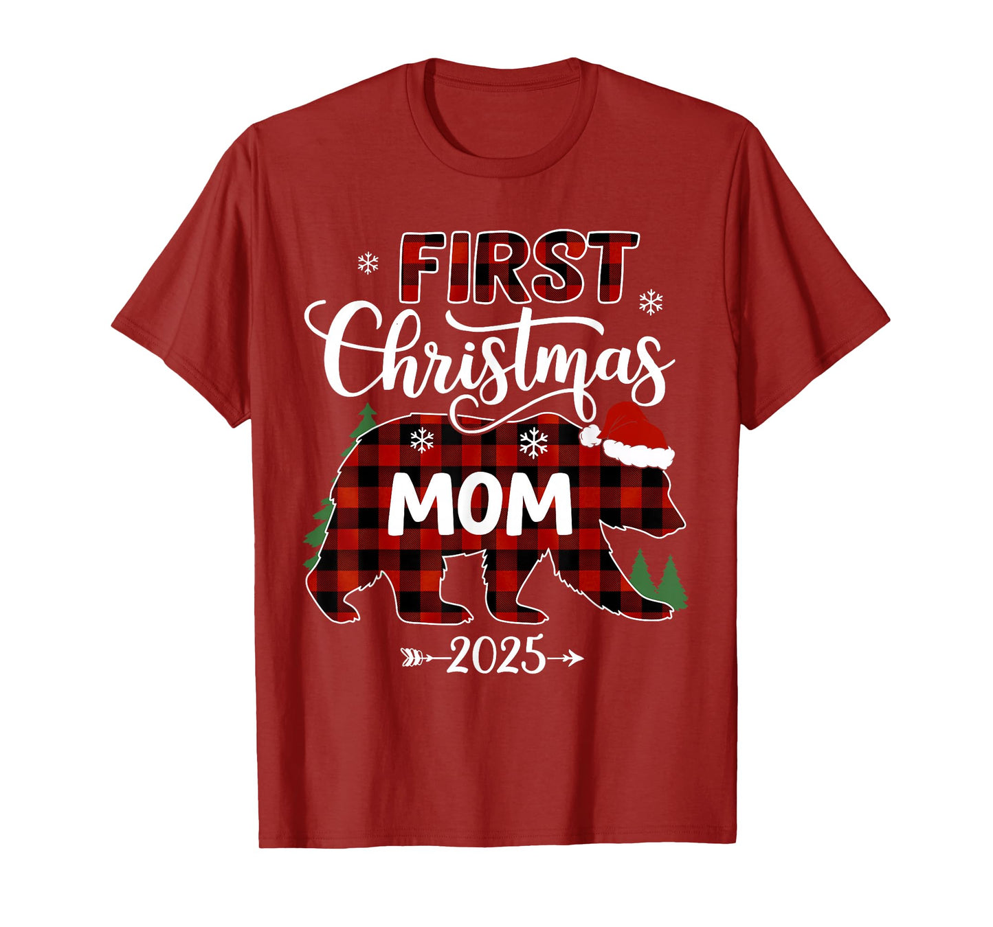 Pregnancy First Christmas Mom Red Plaid Bear Santa 2025 T-Shirt