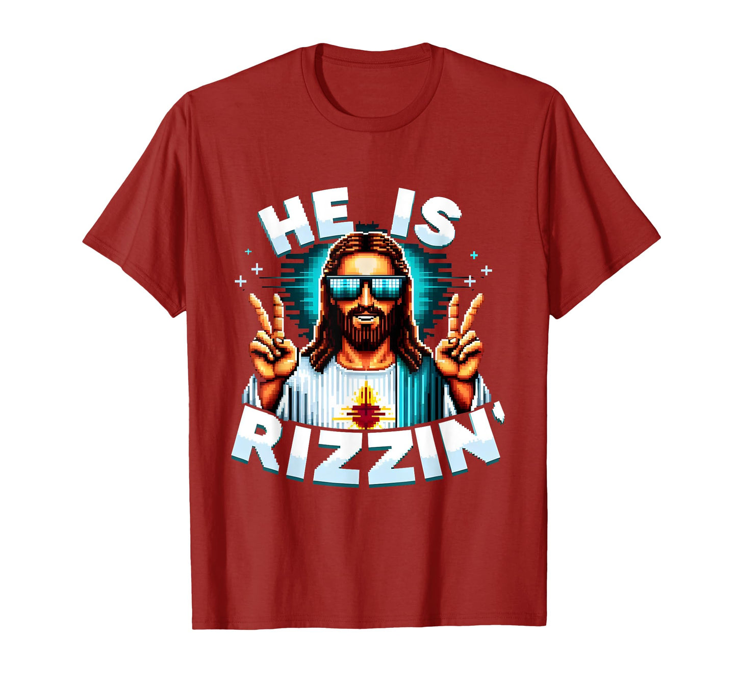 He Is Rizzen Jesus Has Rizzen Retro Christian Pixel Gaming T-Shirt