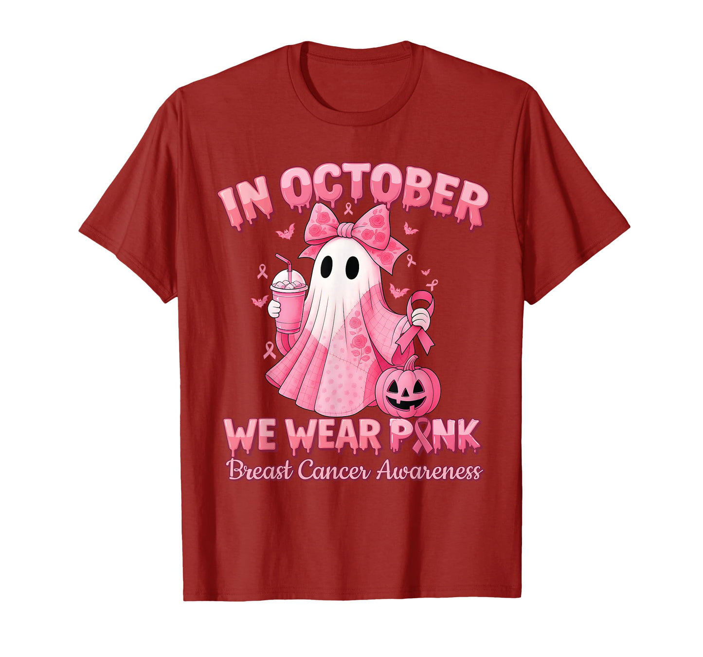 in October We Wear Pink Ghost Witch Breast Cancer Awareness T-Shirt