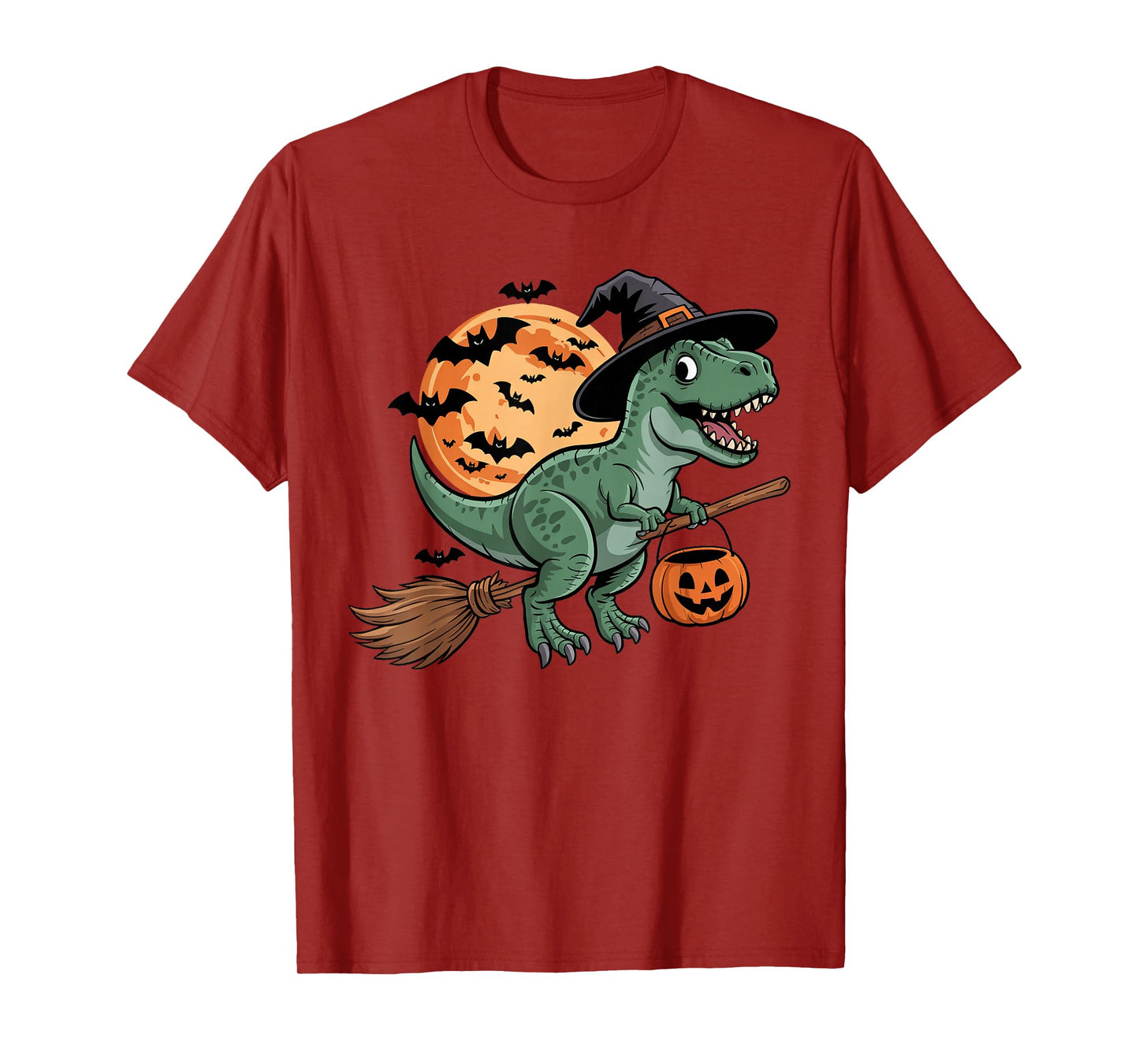 Halloween Dinosaur Witch Hat and Broom Pumpkin Candy Bucket T-Shirt