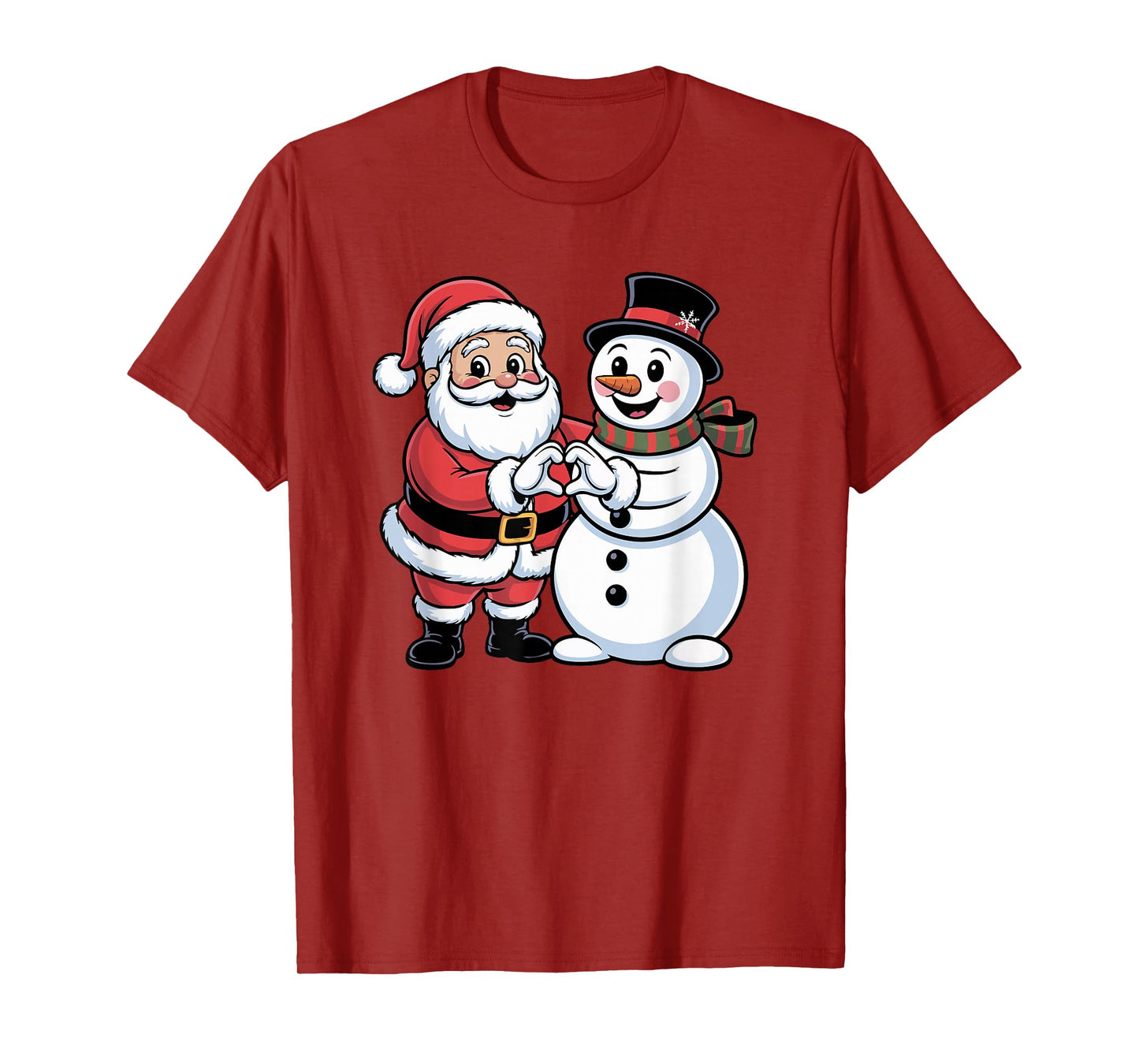 Santa Claus and Snowman Heart Hand Sign Christmas Kids Women T-Shirt
