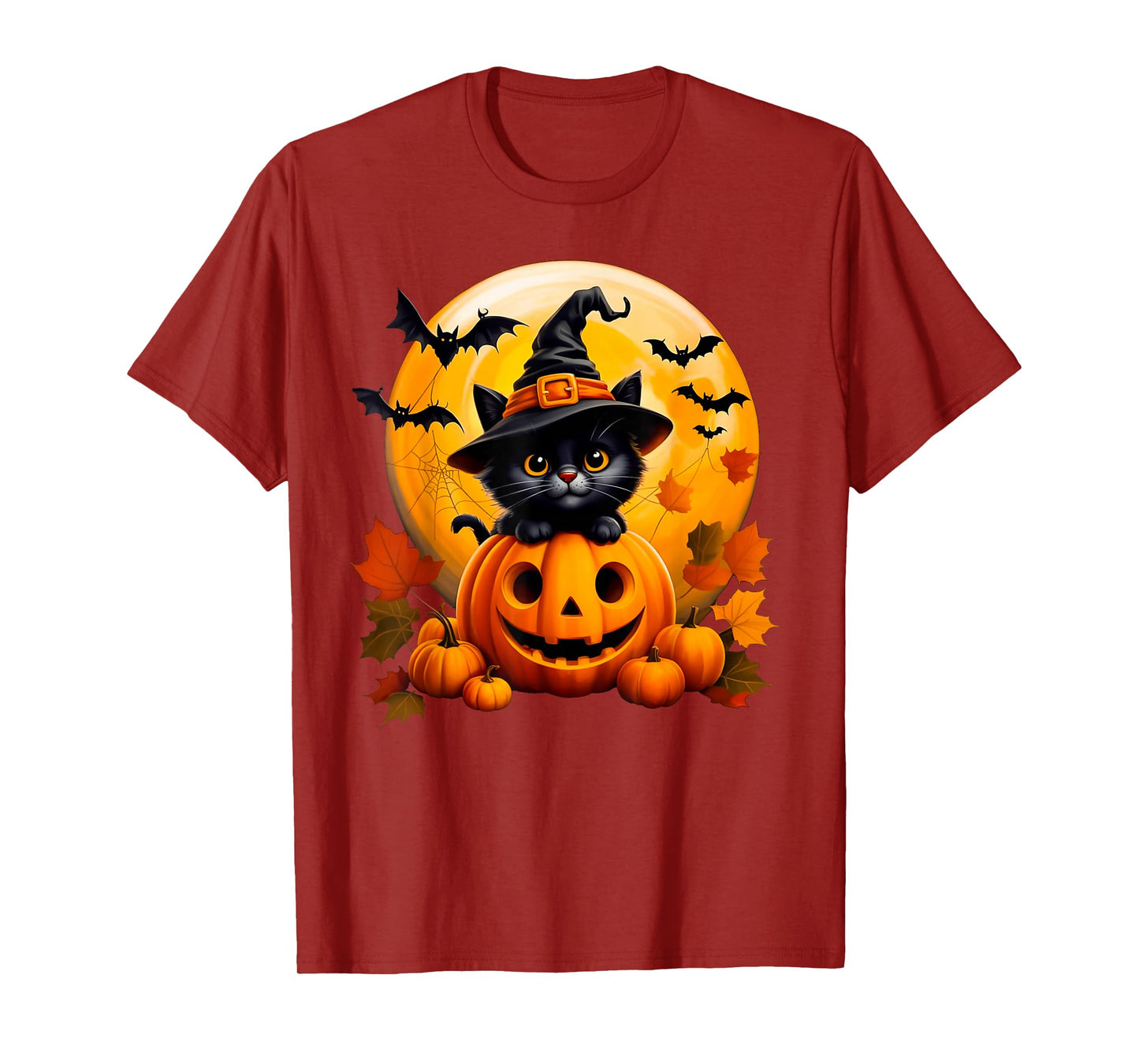 Black Witch cat with Pumpkins Bats for Autumn Fall Halloween T-Shirt