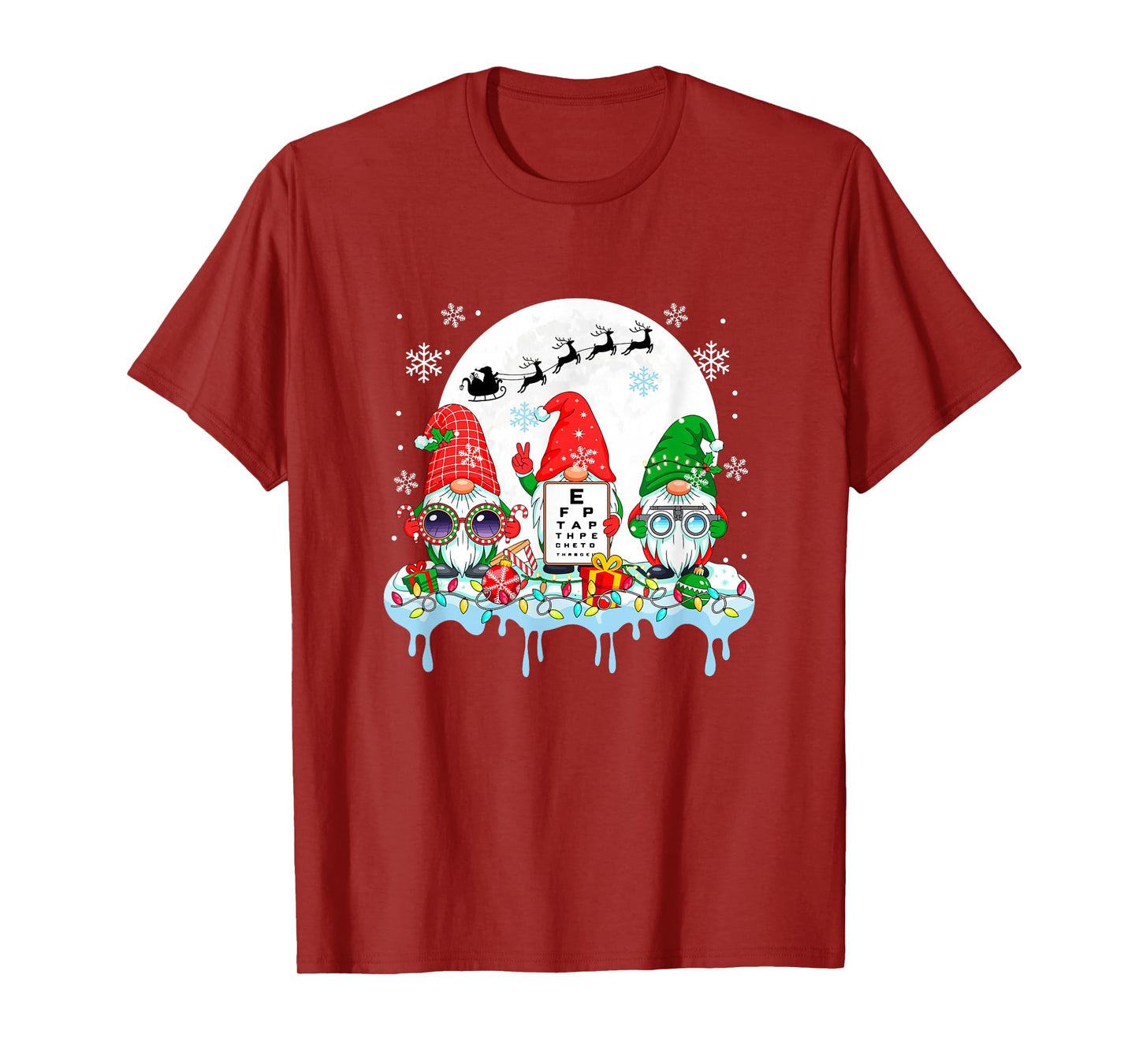 Three Colorful Gnomes with Optical Technician Tools Xmas T-Shirt