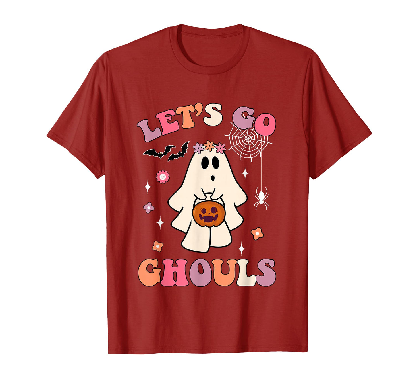 Funny Halloween Ghost Holding Pumpkin Let's Go Ghouls Groovy T-Shirt