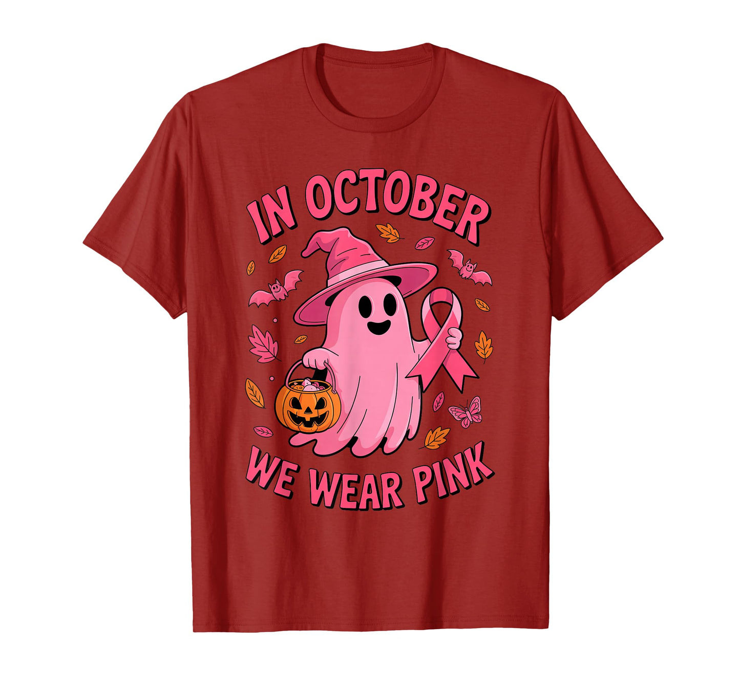 in October We Wear Pink Ribbon Ghost Halloween Breast Cancer T-Shirt